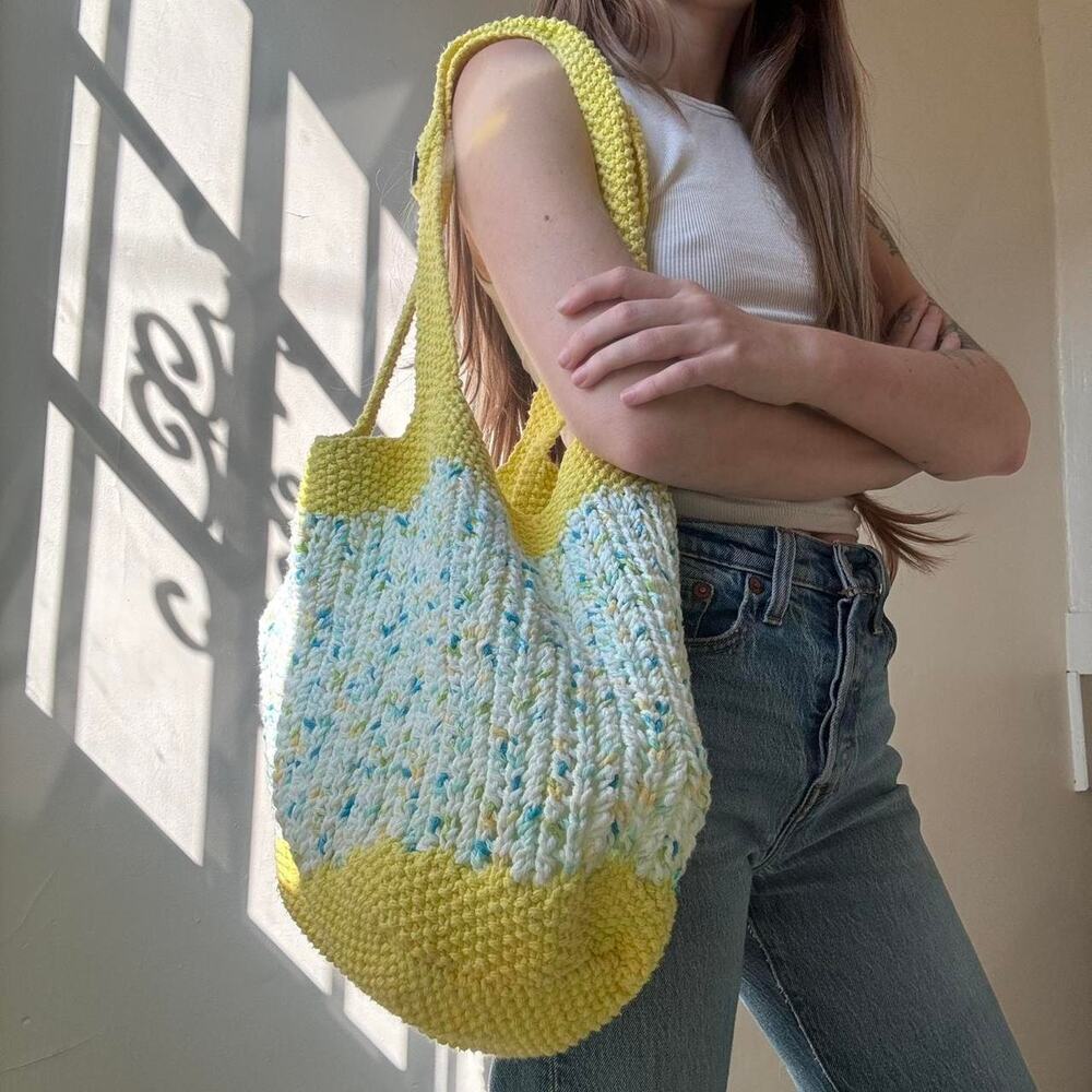 Vintage Crochet tote bucket bag yellow white Handmade cottagecore garden fairy